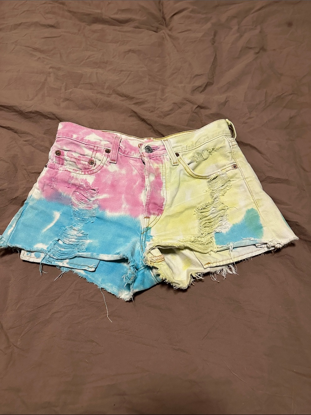 Levi's Tie-Dye Distressed Jean Shorts - Pink, Blue & Yellow